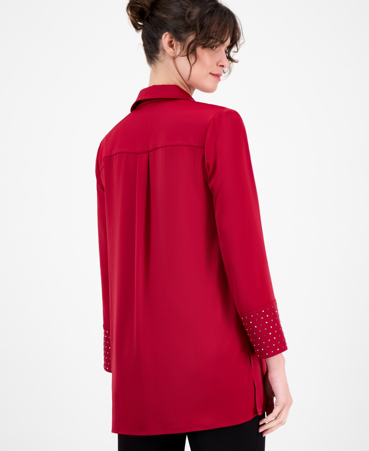 Anne Klein Plus Size Satin-collar Embellished-cuff Tunic In Red