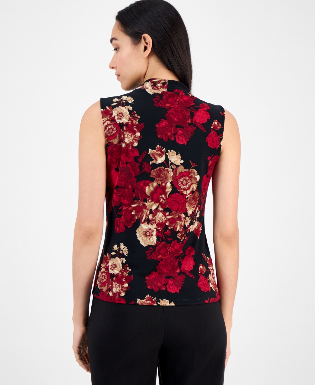 Anne Klein Floral Print Ruched Sleeveless Top In Multi
