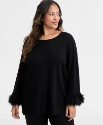 Anne Klein - Plus Size Feather-Cuff Long-Sleeve Sweater