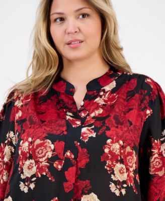Plus Size Printed Pleat-Front Split-Neck Blouse