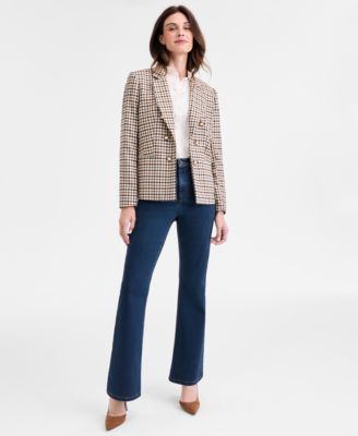 Jones New York Womens Faux Double Breasted Elbow Patch Jacket Collared Long Sleeve Top True Bootcut City Denim Jean In Multi