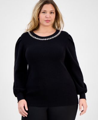 AK Anne Klein - Plus Size Embellished Crewneck Sweater