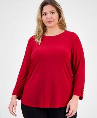 AK Anne Klein - Plus Size 3/4-Sleeve Roll-Tab Crewneck Top