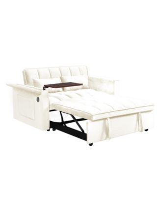 Foldable Velvet Sofa Bed with USB Desk (Beige)