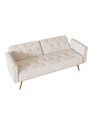 Beige Velvet Sofa Bed with Nailhead Trim & Throw Pillow