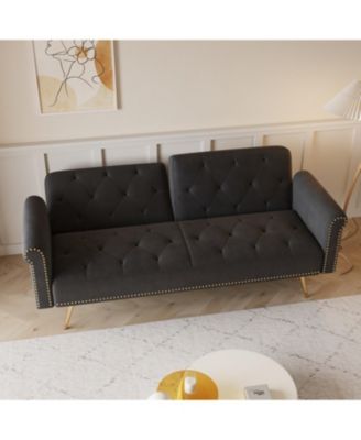 Black Velvet Sofa Bed with Nailhead Trim & Pillow