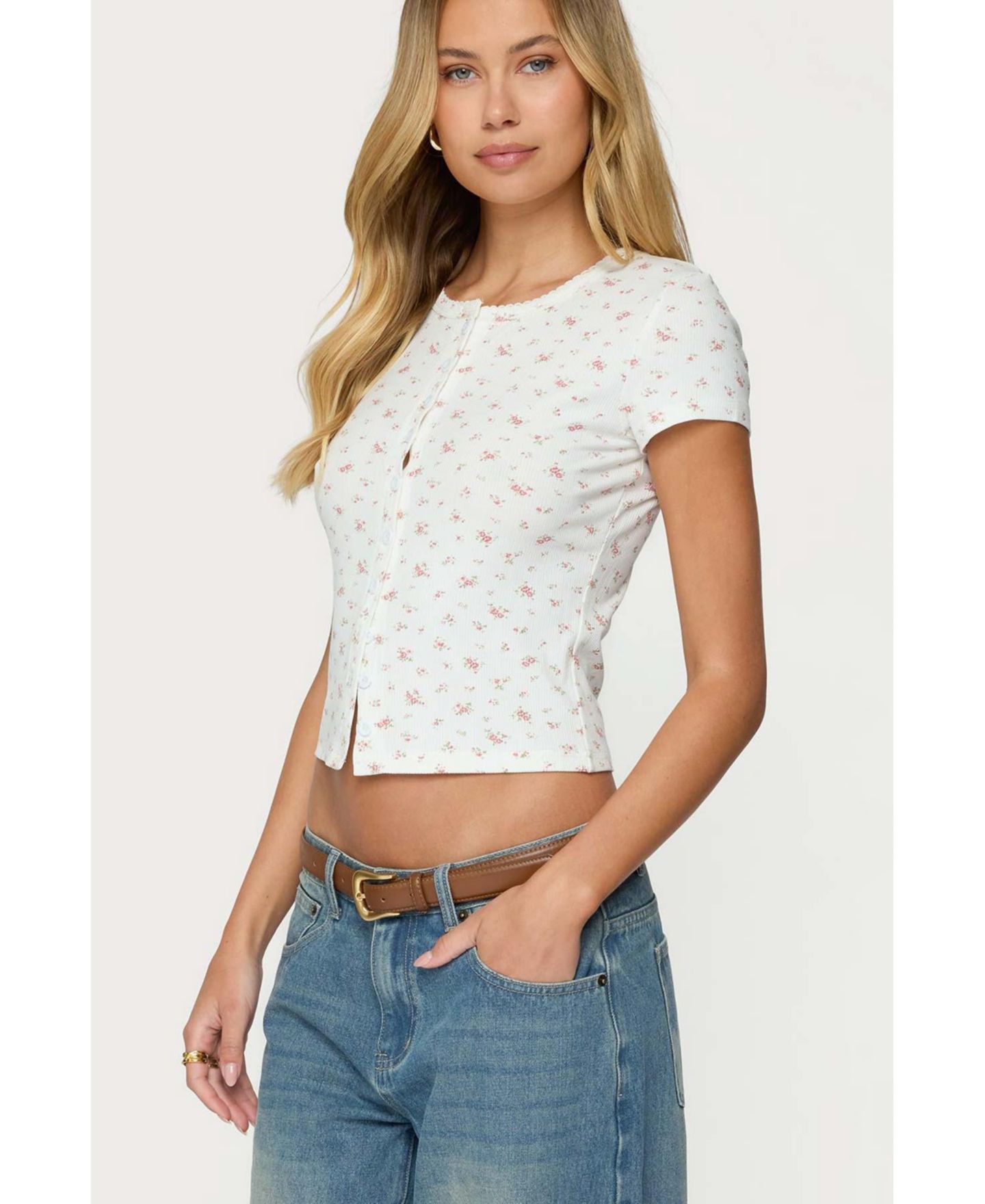 Женский топ Edikted Odella Floral Ribbed Button Up, цвет: Кремовый — фото 3