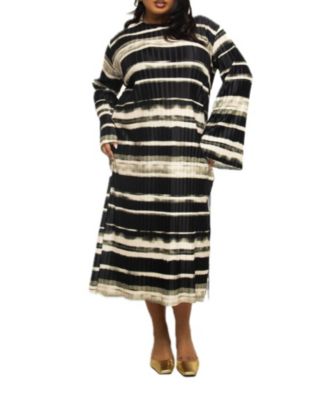 Women's Long Sleeved Striped Plisse Midi Dress