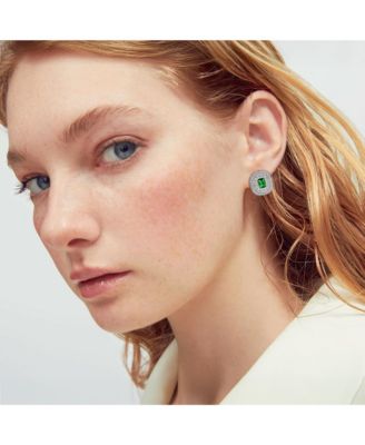 Classic Holiday Party Emerald Cut Green Cubic Zirconia Triple Row Baguette Halo CZ Stud Clip On Earrings Non Pierced Ear