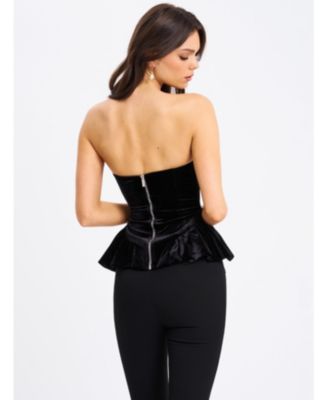 Women's Qiara Black Velvet Peplum Top with Lace Trim