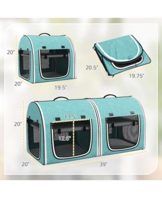 39" Portable Soft-Sided Pet Cat Carrier with Two Compartments, Soft Cushions & Storage Bag, Green