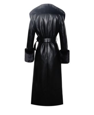 Women Zaida Black Faux Fur Trim Black Faux Leather Coat
