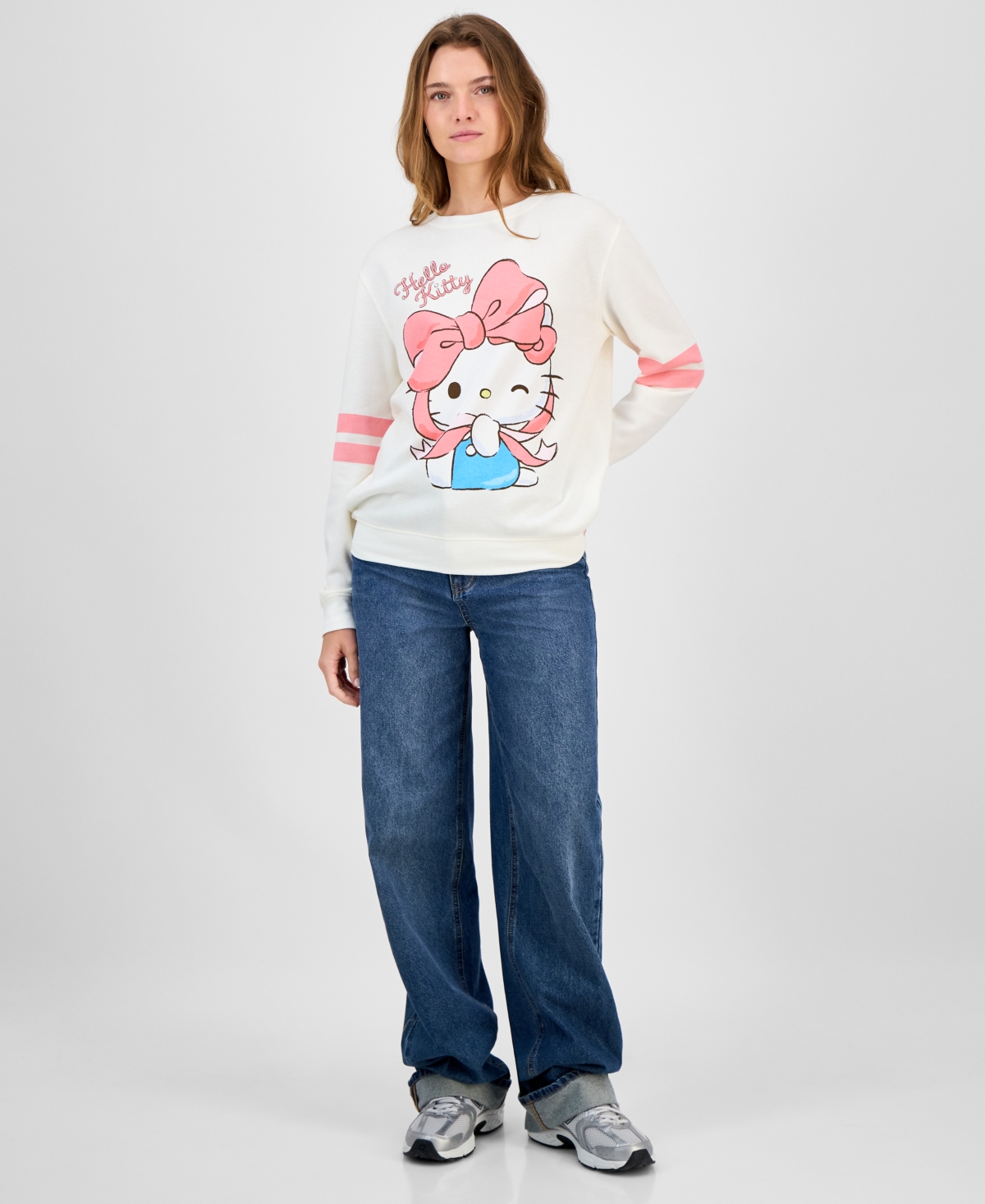 Love Tribe Juniors' Hello Kitty Bow Cotton Crewneck Sweatshirt In White
