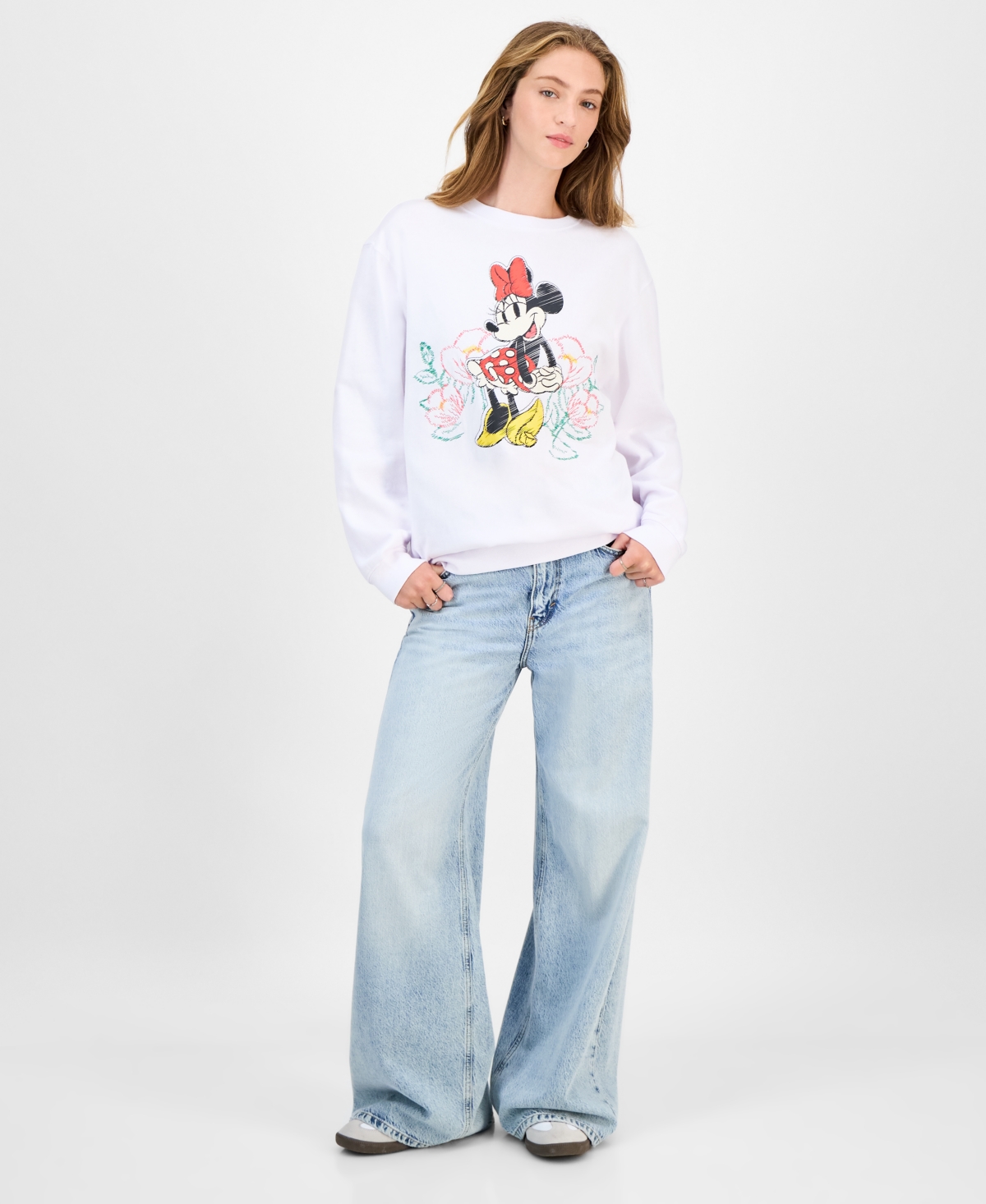 Freeze 24-7 Juniors' Minnie Mouse Graphic Embroidered Sweatshirt In White