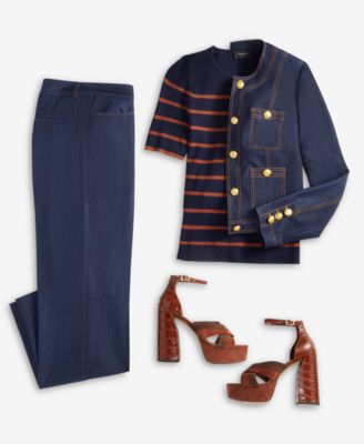 Women's Denim Cropped Jacket, Striped Sweater T-Shirt, & Denim Trousers