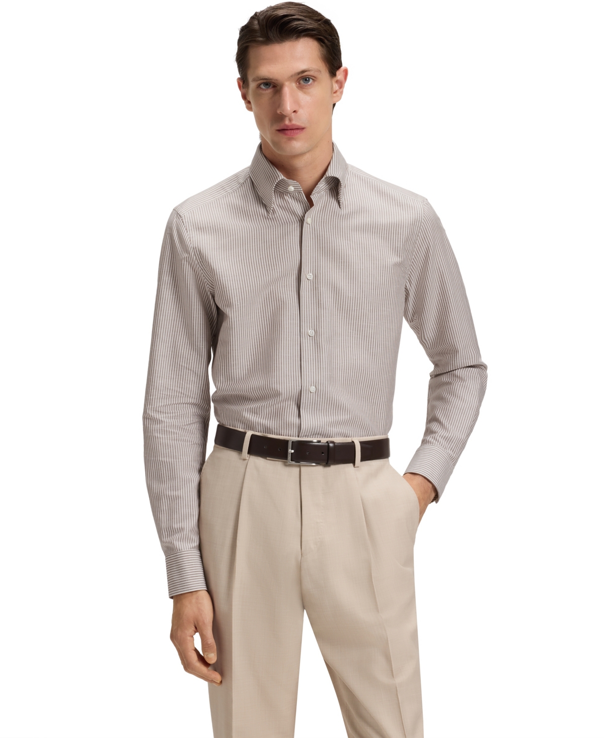 Boss by Hugo Boss Men's Linen-Silk Slim-Fit Dress Shirt - Open Beige