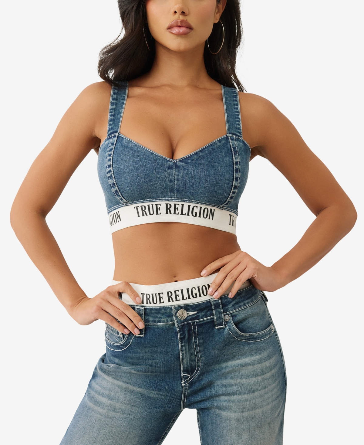 True Religion Women's Elastic Band Denim Bra Top In Blue