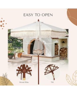 7' Patio Beige Umbrella with Tassels UPF50+ Boho Style 5-Year-Non-Fading for Outdoor,Model:BH7W-01P