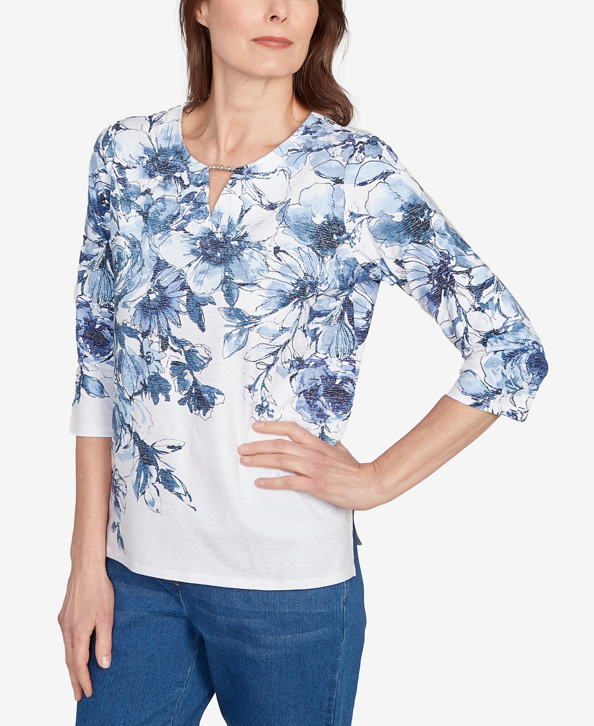Alfred Dunner Petite Floral Split Beaded Top In Blue