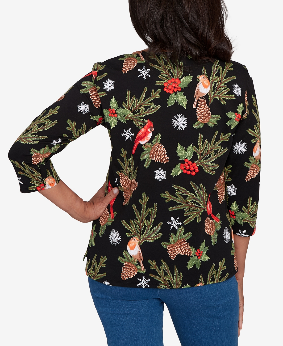 Alfred Dunner Women's Classic Cardinals And Pinecones Embellished Top In Black