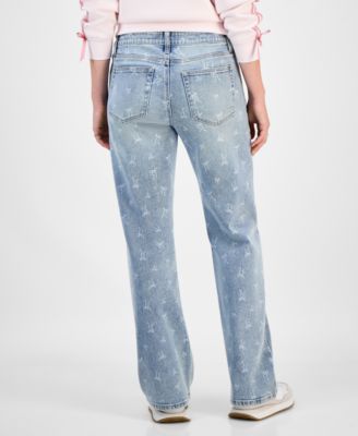 Juniors' Mid-Rise Bow-Print Baggy Jeans