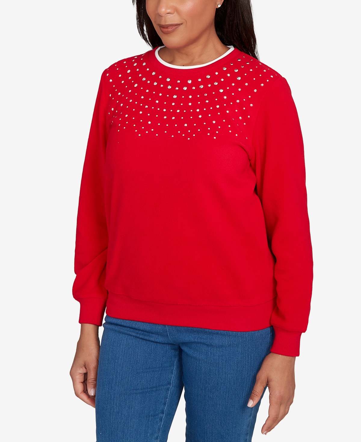 Alfred Dunner Petite Embellished Neckline Anti-pill Top In Red