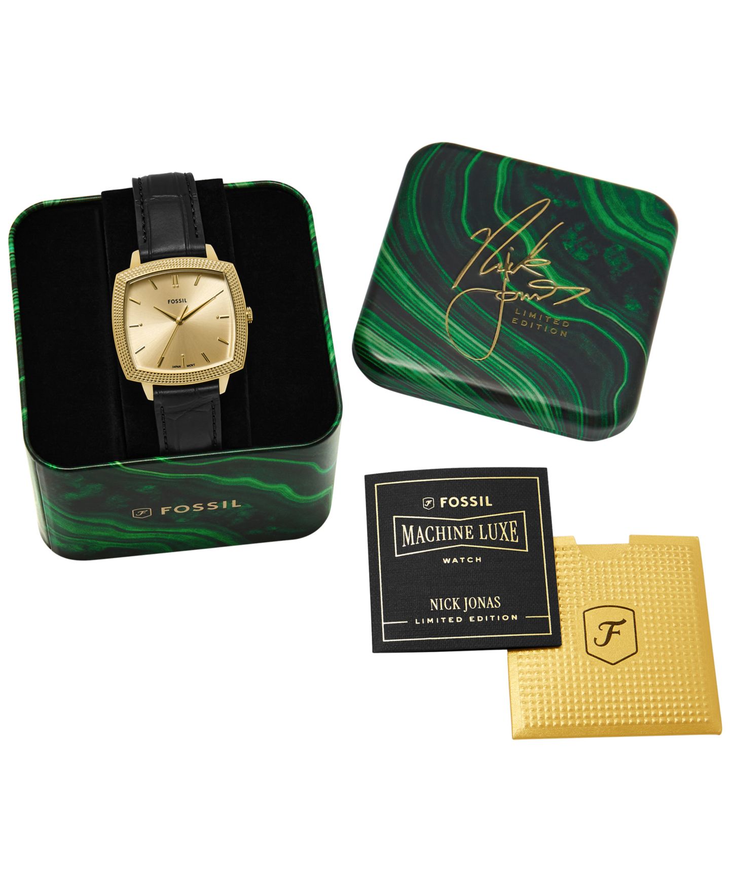 Часы Fossil Nick Jonas x Machine Luxe унисекс, чёрный кожаный ремешок под крокодила, 37 мм — фото 11