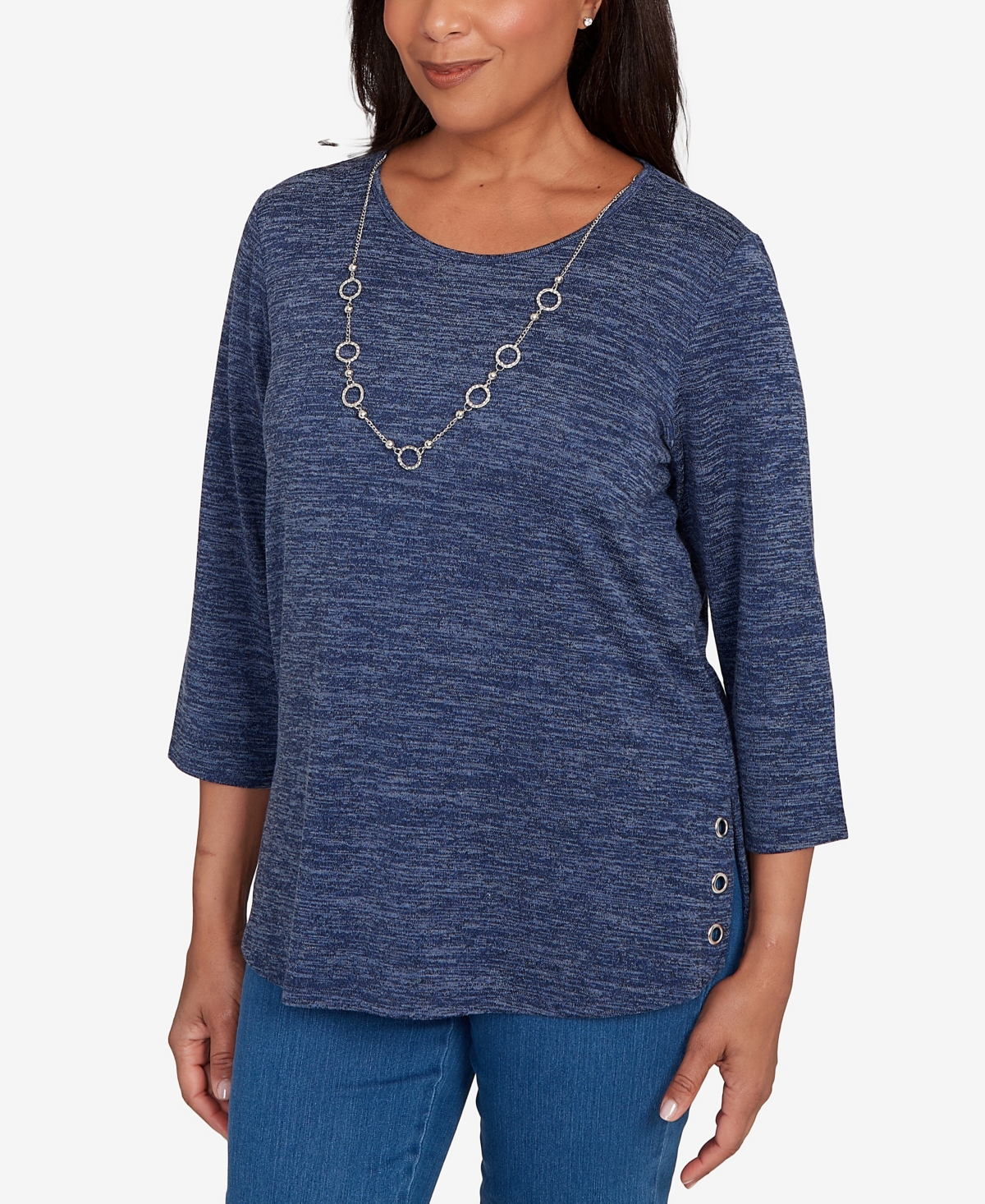 Alfred Dunner Petite Melange Side Button Top With Necklace In Blue