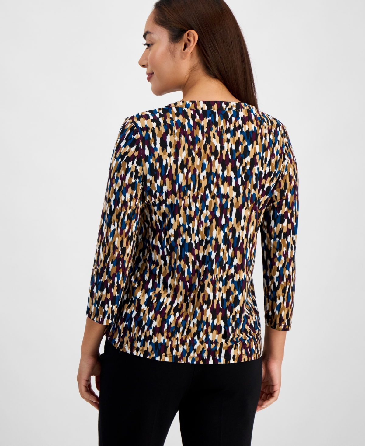 Ak Anne Klein Petite Printed Henley Top In Multi