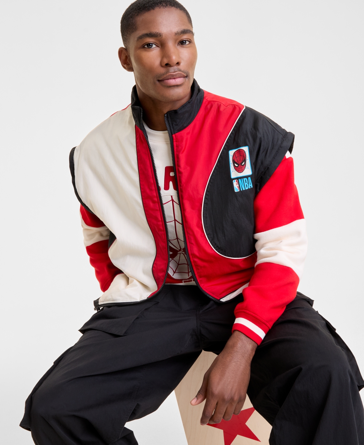 Macy's Marvel X Nba Men's Detachable Sleeve Colorblocked Spider-man Jacket, Macy's Exclusive In Red