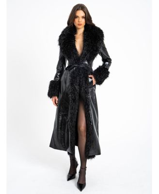 Women's Zella Black Fur Trim Faux Croc Leather Coat
