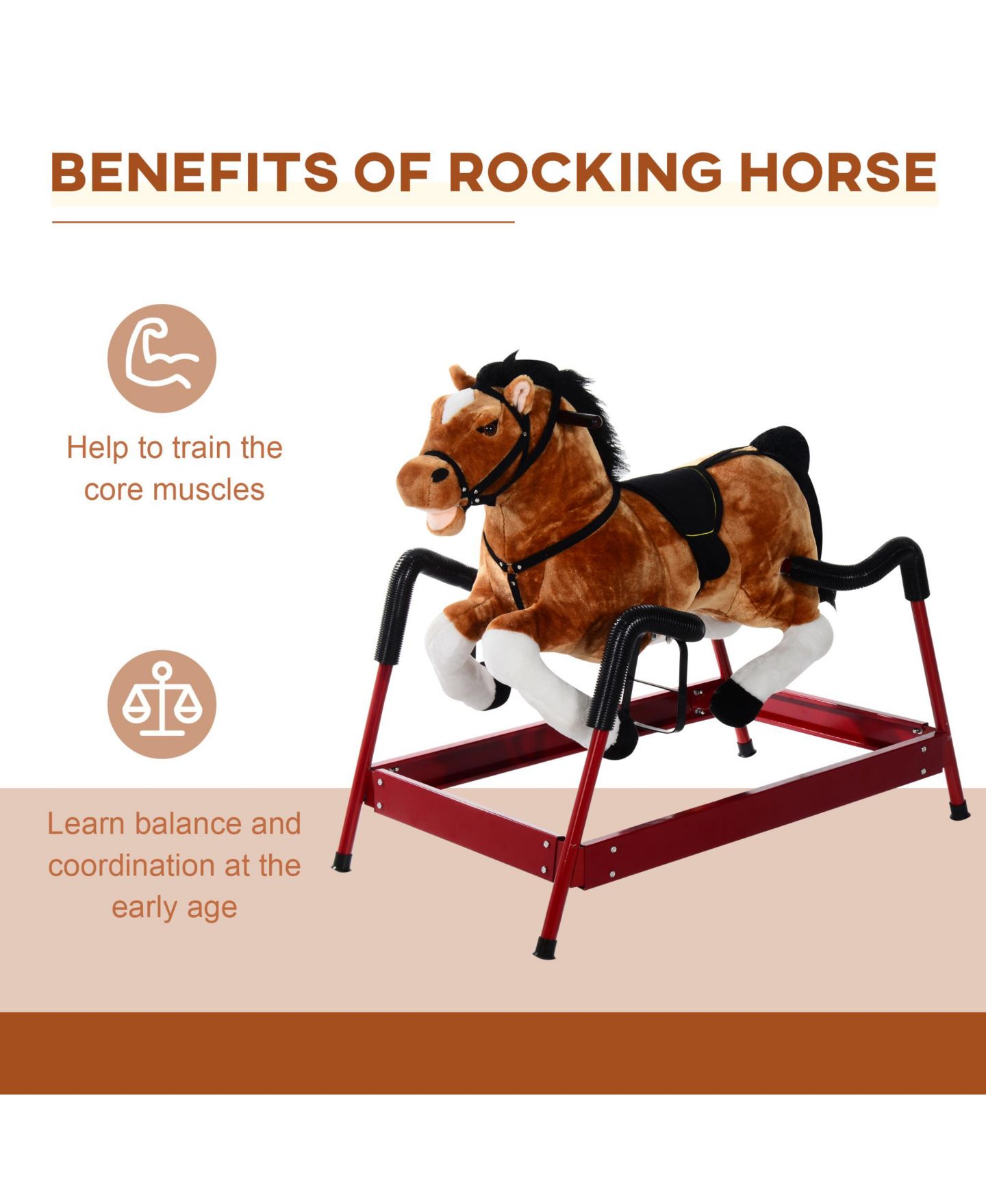Детская мягкая игрушка Qaba Plush Spring Rocking Horse with Realistic Sounds, 39.25"L x 23.5"W x 32.75"H, 132 lb. Capacity, Ages 3+ — фото 6