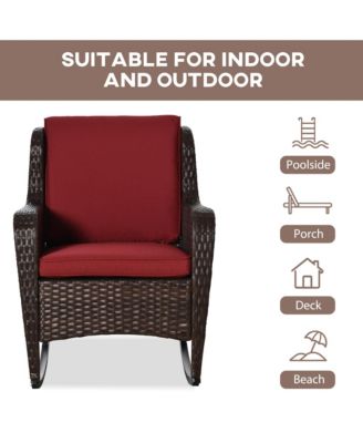 Wicker Rocking Chair, Outdoor Rocker w/ Cushions, Wine