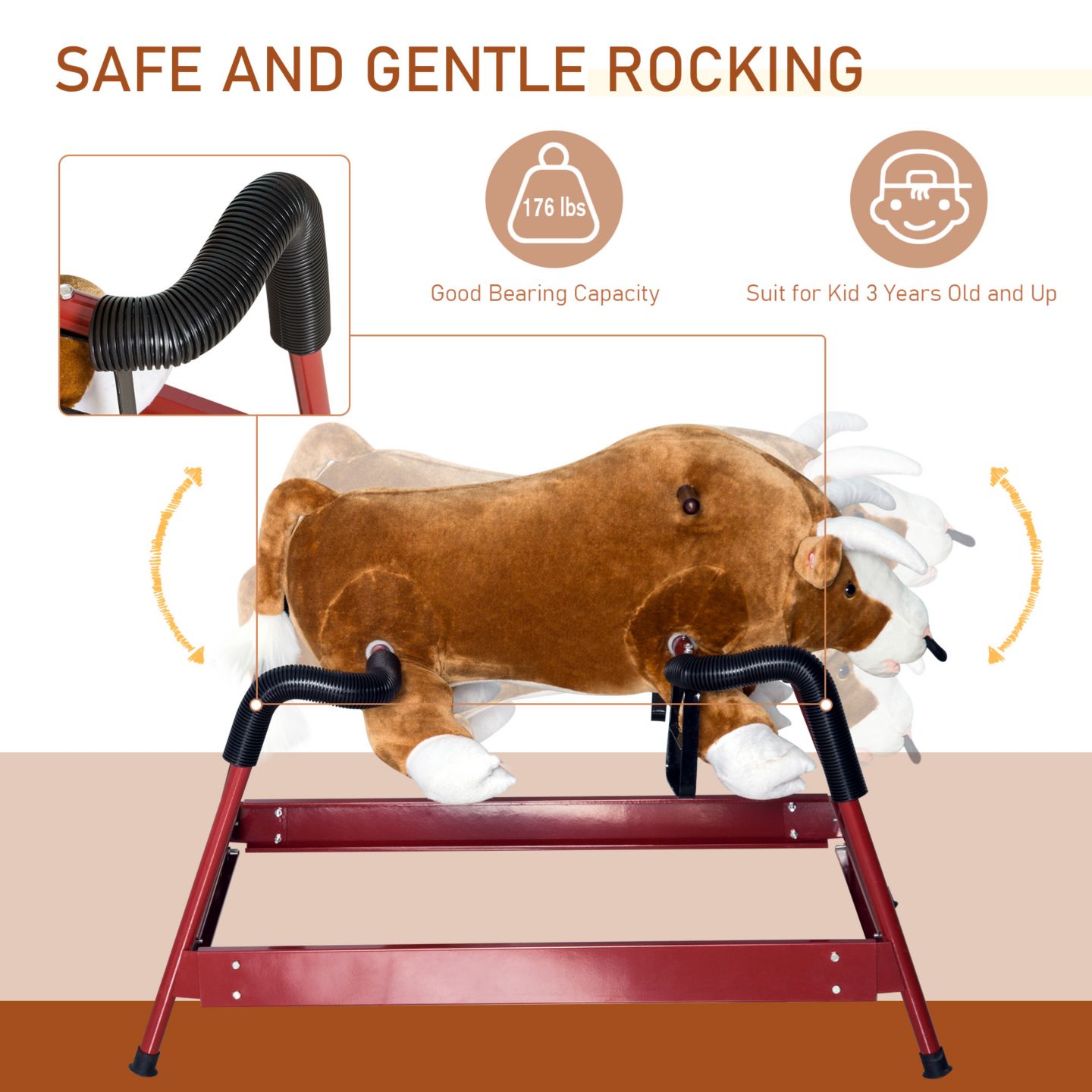 Детская мягкая игрушка Qaba Spring Rocking Bull Plush Authentic-Sounds Rocking Toy, 132-lb Capacity, Ages 3+ — фото 4