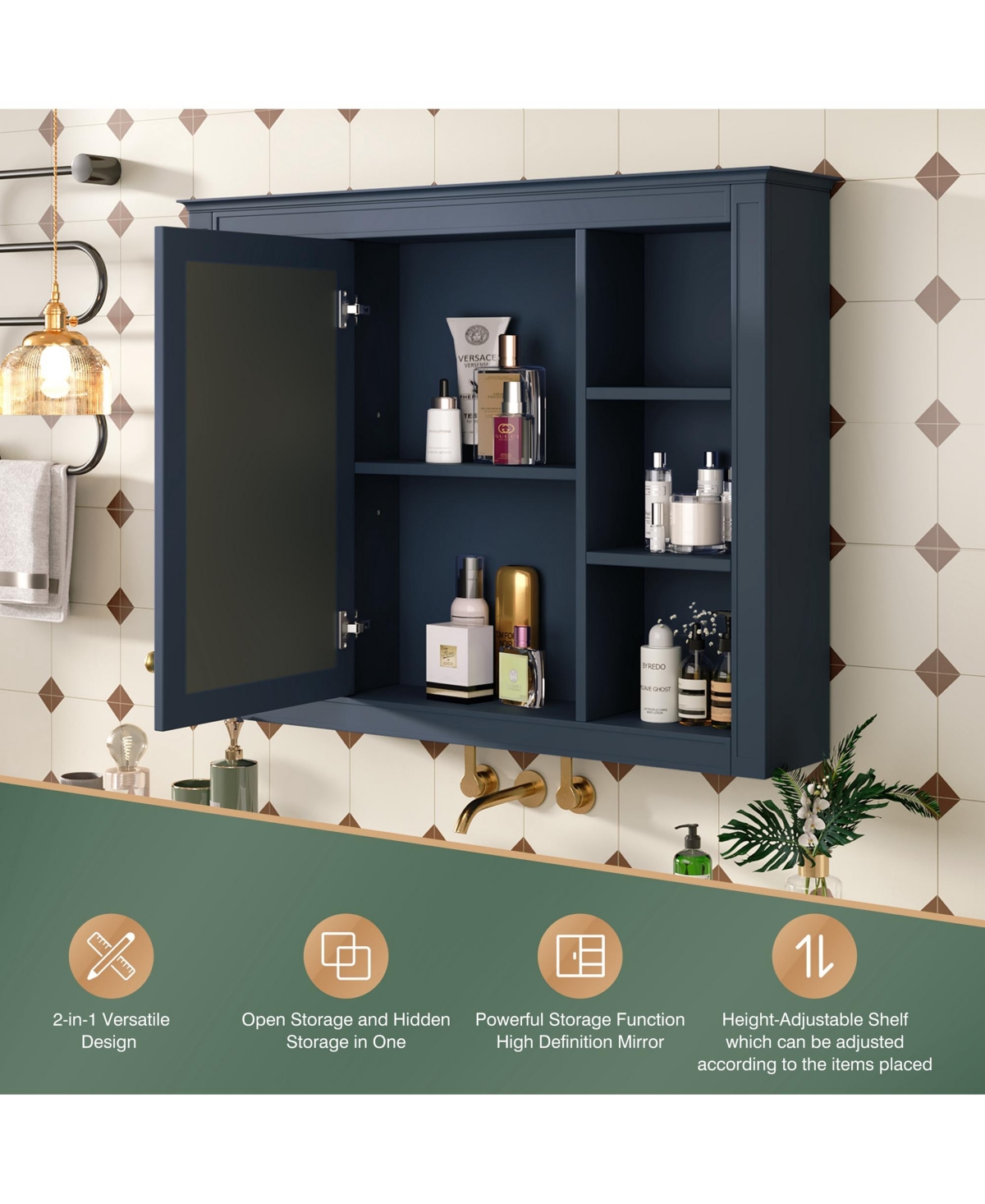 Casainc 35" x 27.5" Bathroom Mirror Cabinet with 6 Open Shelves, Wall Mounted Medicine (No Vanity)