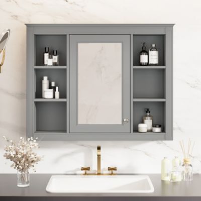 35" x 27.5" Bathroom Mirror Cabinet with 6 Open Shelves, Wall Mounted Medicine Cabinet (No Vanity)