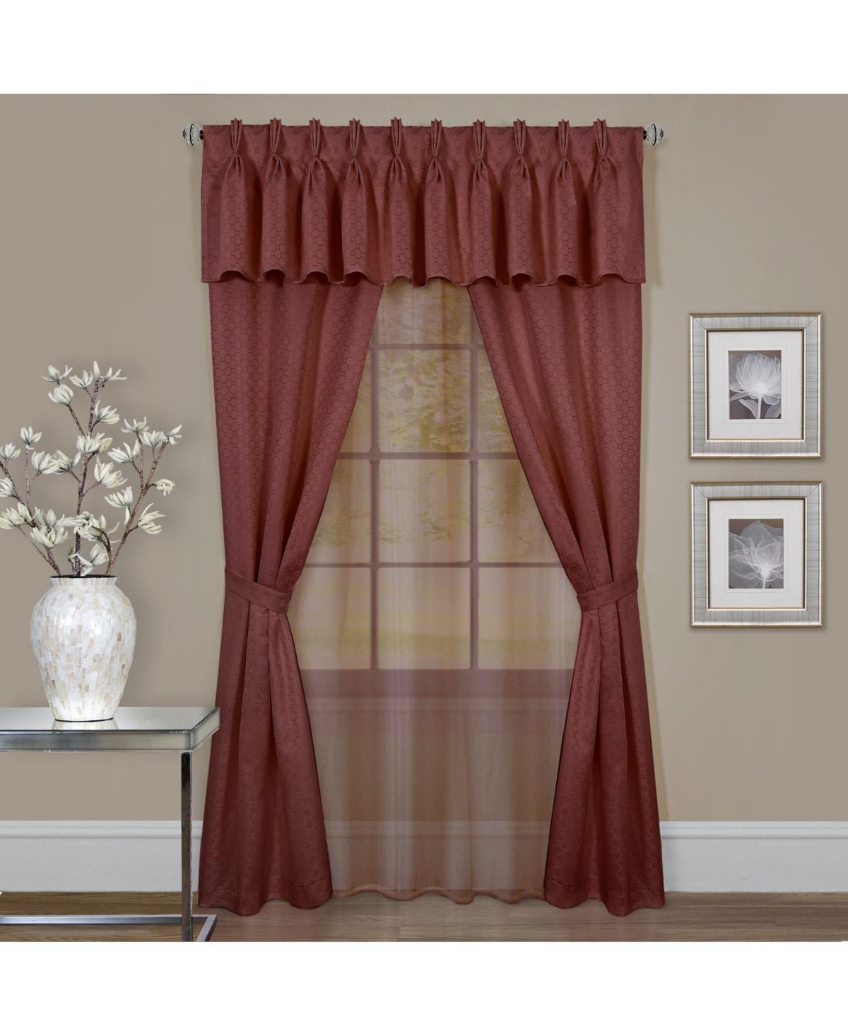 Complete 6 Piece Attached Custom Jacquard & Sheer Window Curtain Set - 84 in. Long - Ivory - Charcoal