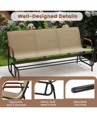 Patio Glider Bench for 3 Swing Gliding Loveseat with Curved Teak Armrests for Porch