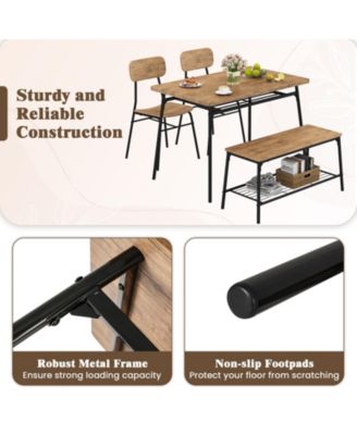Modern 4-Piece Metal Frame Dining Set with Table, Bench, and 2 Chairs – Ideal for Compact Dining Spaces
