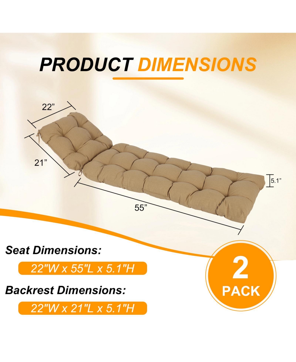 Aoodor 76" x 22" x 5.1" Polyester Tufted Chaise Lounge Cushion, Water-Resistant & Fade-Resistant Cushion for Outdoor Wicker Chaise Loun