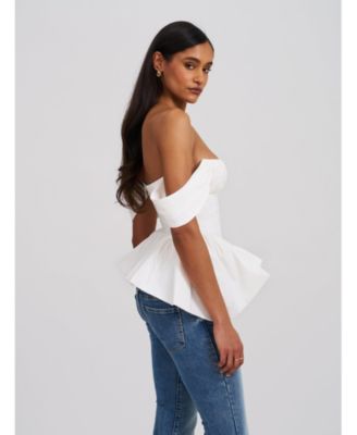 Women Qistina White Off-shoulder Bubble Hem Peplum Cotton Top
