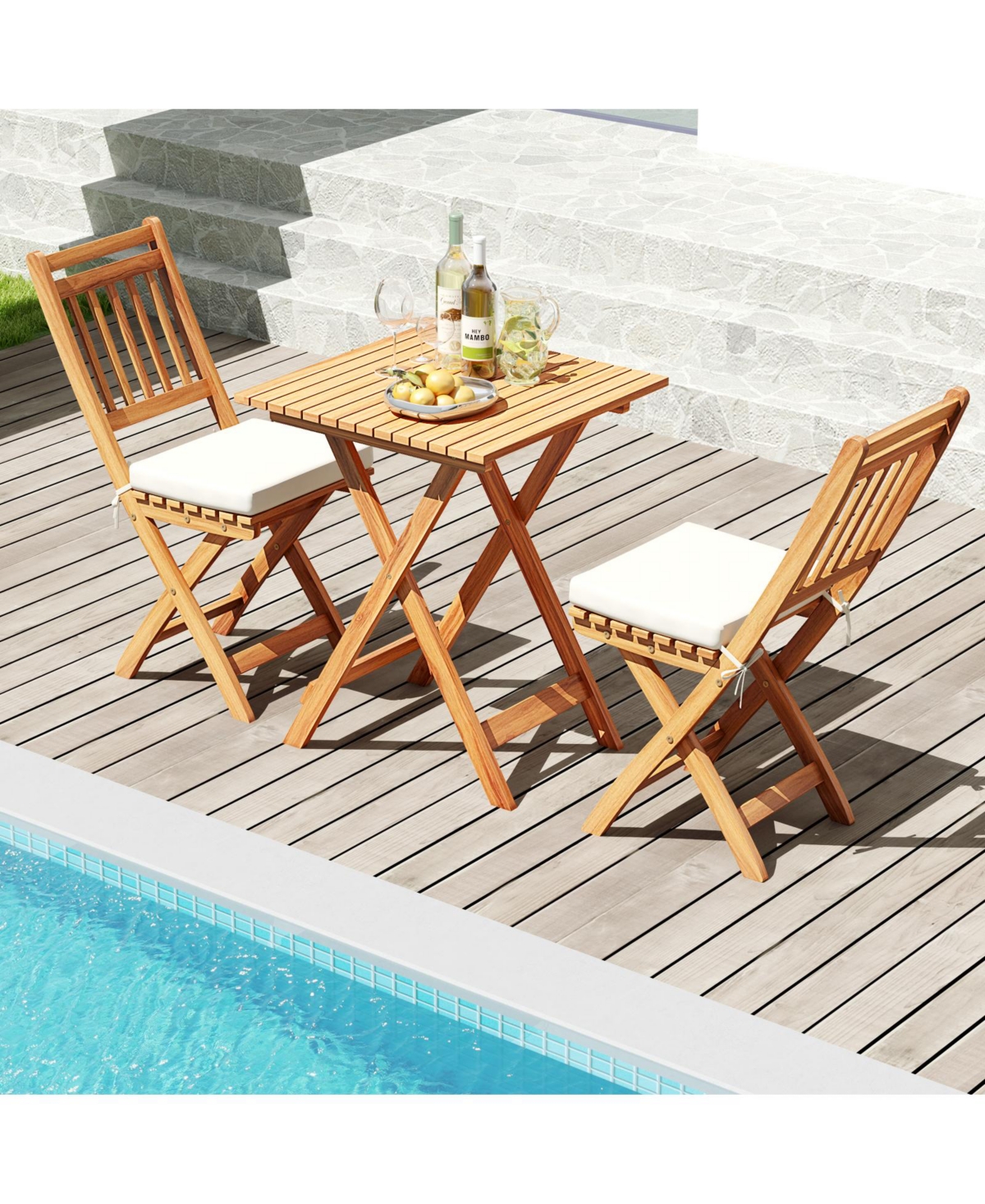Slickblue 3-Piece Outdoor Wooden Bistro Set with Cushioned Chairs and Matching Table for Patio or Garden