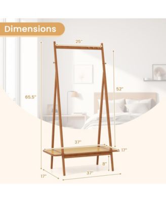 Modern Clothes Rack for Entryway with Sturdy Hanging Rod, Decorative Rattan Shelf, and Elegant Copper Hooks