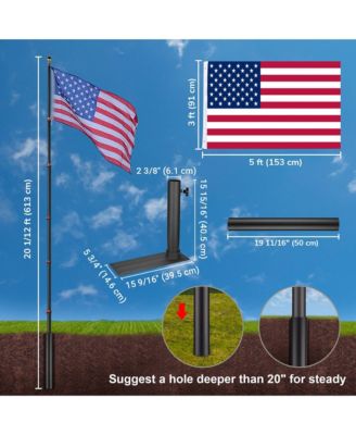 EZ GO 20ft Telescopic Flag Pole Kit Wheel Tire Mount Stand Upgrade Rotating Lock Outdoor Camper RV Tailgate Black