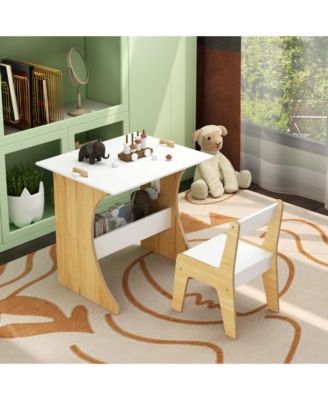 2 PC Wooden Kids Table Set with One Chair, Multifunctional Children Study Table-Convertible Tabletop for Study