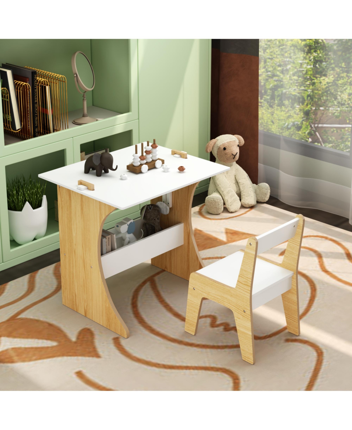 Cesicia Kids Table Set with One Chair, Multifunctional Wooden Children Study Table-Convertible Tabletop for Study