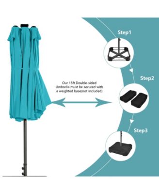 15FT Twin Patio Double-Sided Umbrella 48 Solar LED Lights Crank Outdoor