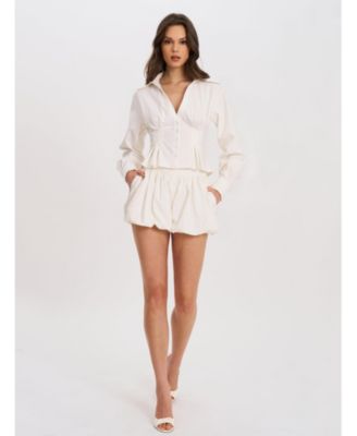 Women Sylvia White Pinstripe Deep V Pleated Shirt