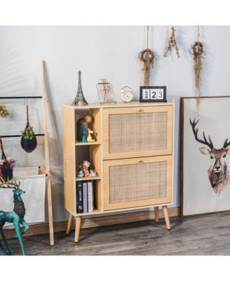 - 2-Drawer Wood and Rattan Shoe Cabinet Exotic Boho Entry