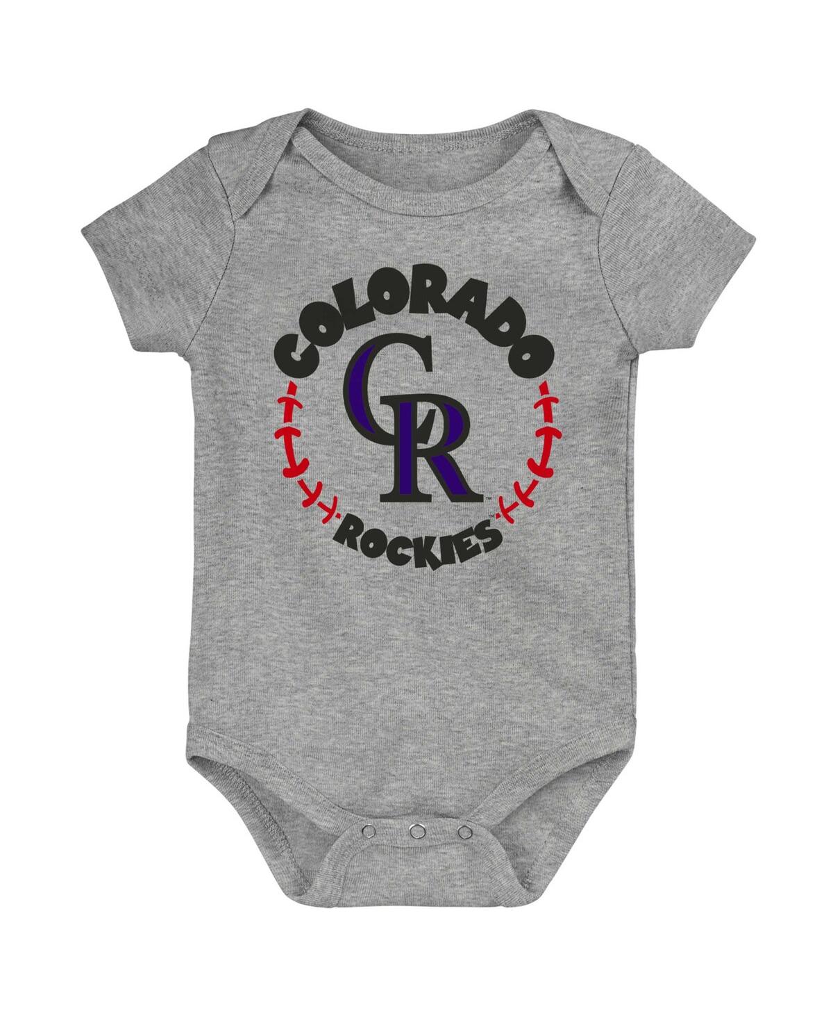 Outerstuff Big Boys And Girls Purple/white/heather Gray Colorado Rockies Biggest Little Fan 3-pack Bodysuit Set In Multi